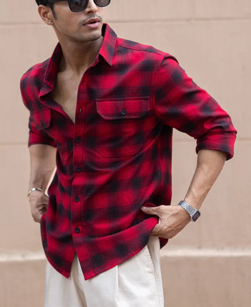 Red Double Pocket Checks Shirt - Image 3