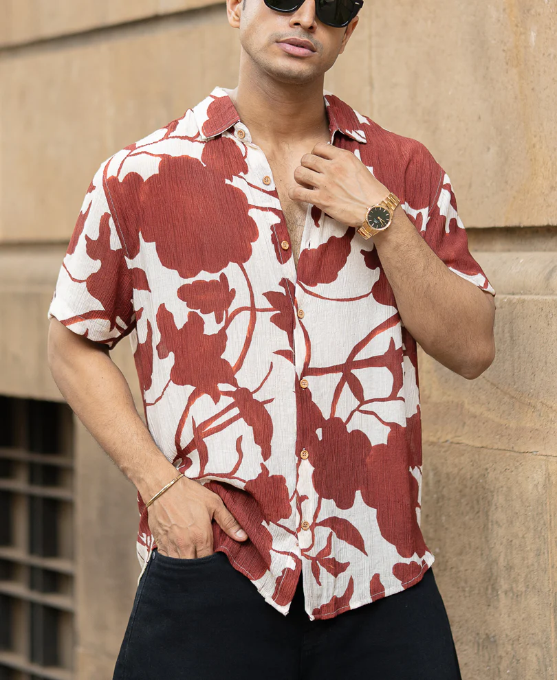 Rust Floral Crinkled Print Shirt - Image 2