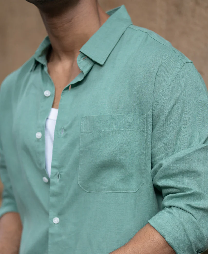 Sage Green Linen Blend Regular Fit Shirt - Image 3