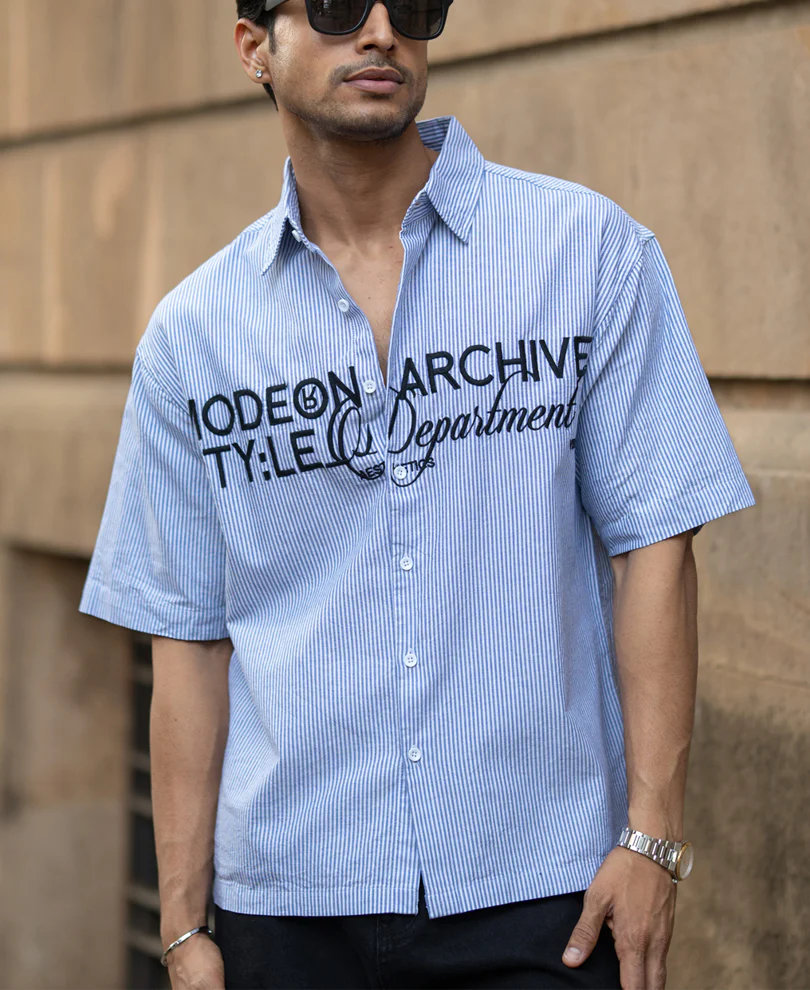 Sky Blue Stripe Embroidered Shirt - Image 3