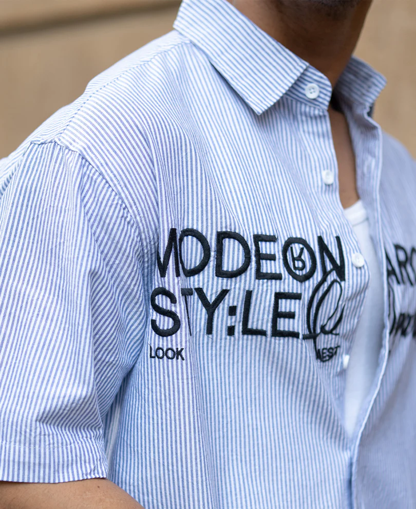 Sky Blue Stripe Embroidered Shirt - Image 4