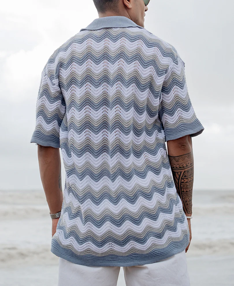 Sky Blue Structured Striped Oversized Fit Half Sleeves Shirt - Image 3