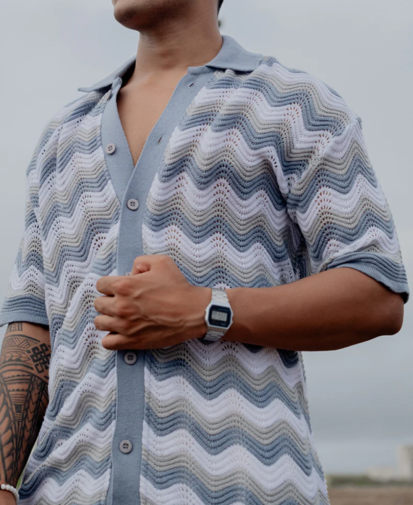 Sky Blue Structured Striped Oversized Fit Half Sleeves Shirt - Image 4
