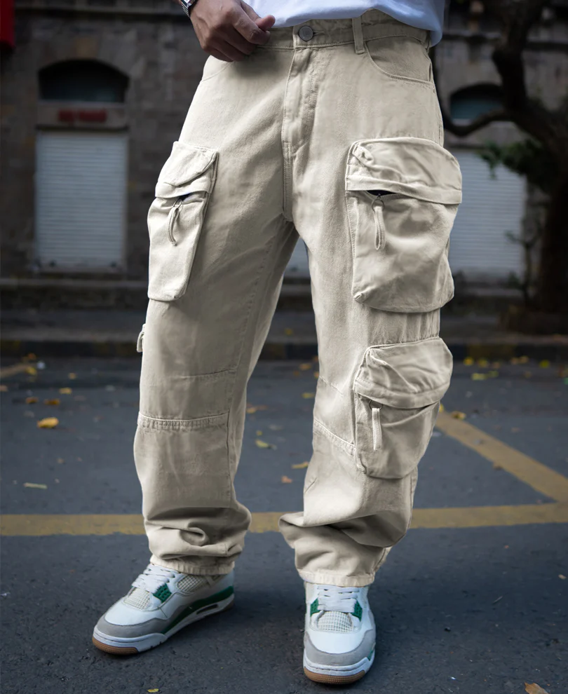 Stone Baggy Fit Denim Cargo Jeans - Image 2