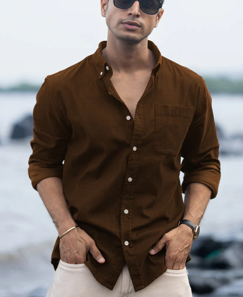 Tan Brown Corduroy Buttondown Shirt - Image 2
