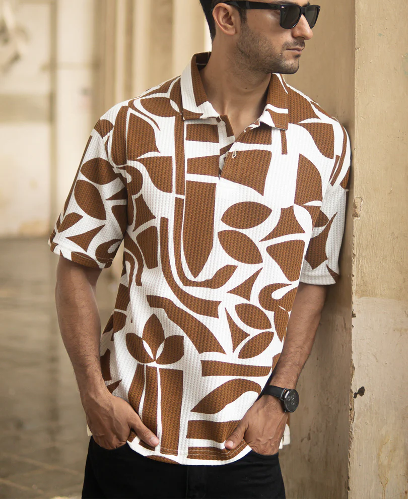 Tan Structure Printed Polo T-Shirt - Image 2