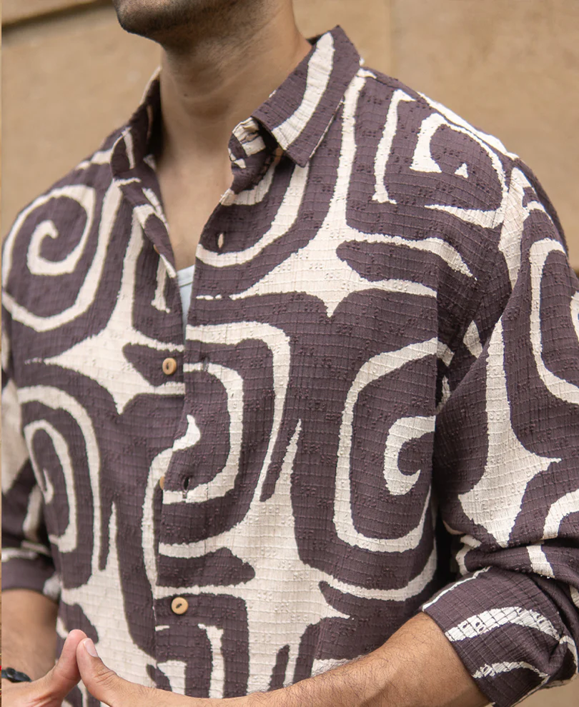 Coffee Brown Abstract Print Shirt - Image 4