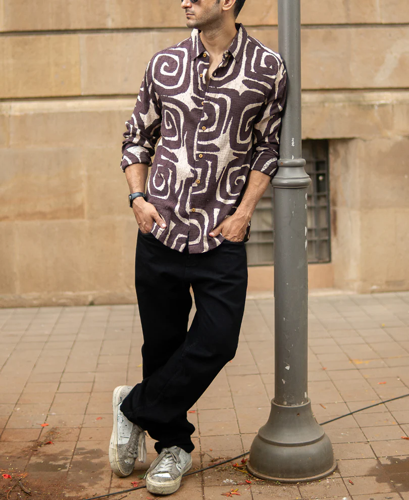 Coffee Brown Abstract Print Shirt - Image 7
