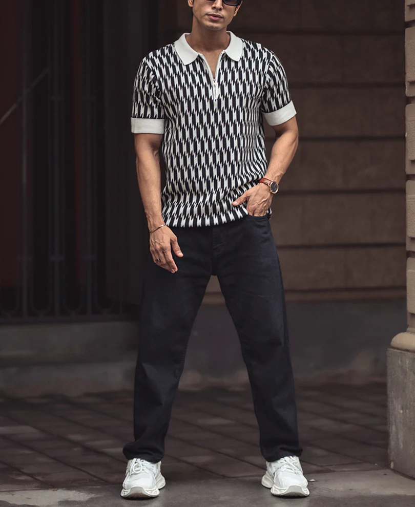 White and Black Knitted Regular Fit Half Sleeves Zipper T Shirt - Image 5