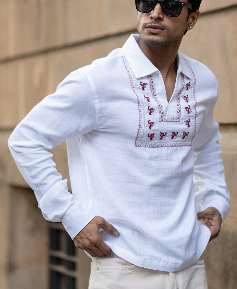 White Embroidered Kurta Shirt - Image 3