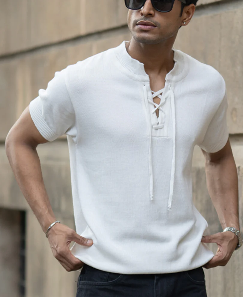 White Knitted Regular Fit Henley T-Shirt - Image 2