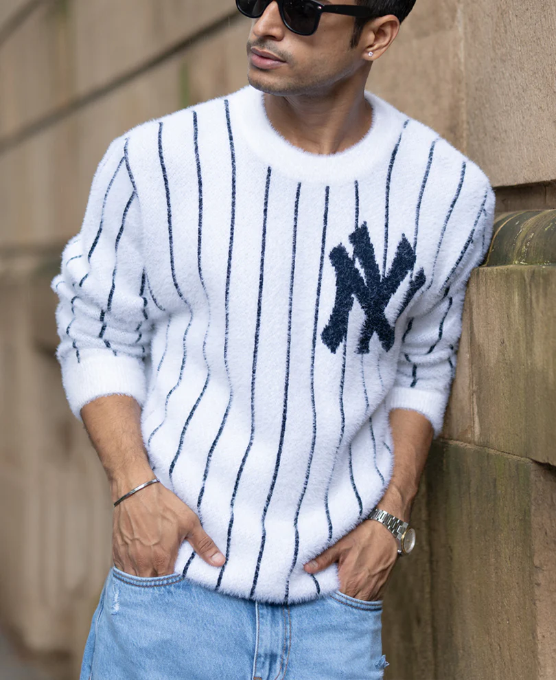 White Striped Fuzzy Sweater - Image 2