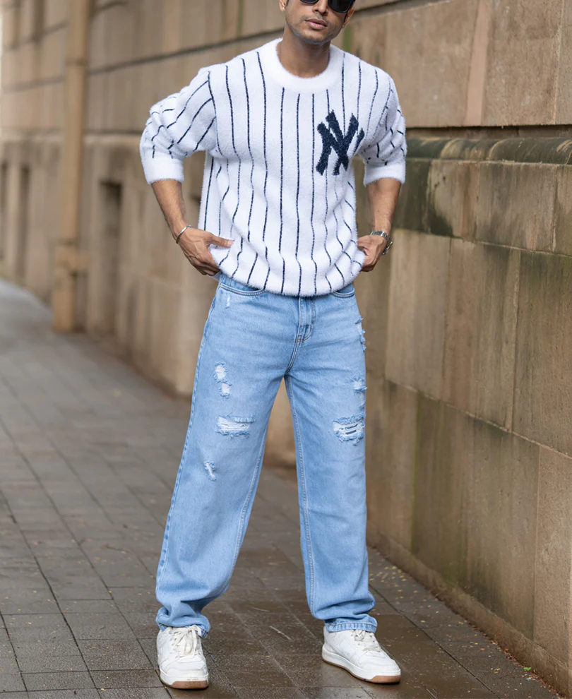 White Striped Fuzzy Sweater - Image 6