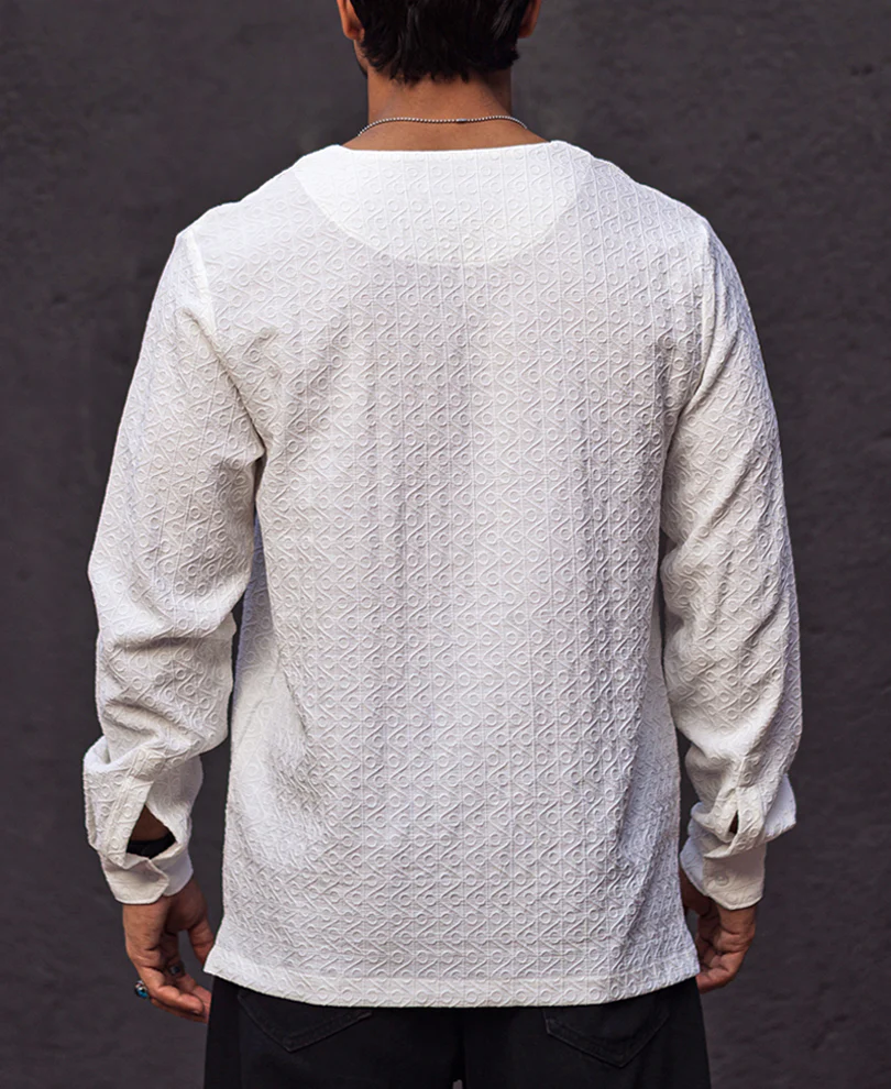 White Structured Regular Fit Full Sleeves Kurta Style Shirt - Image 4
