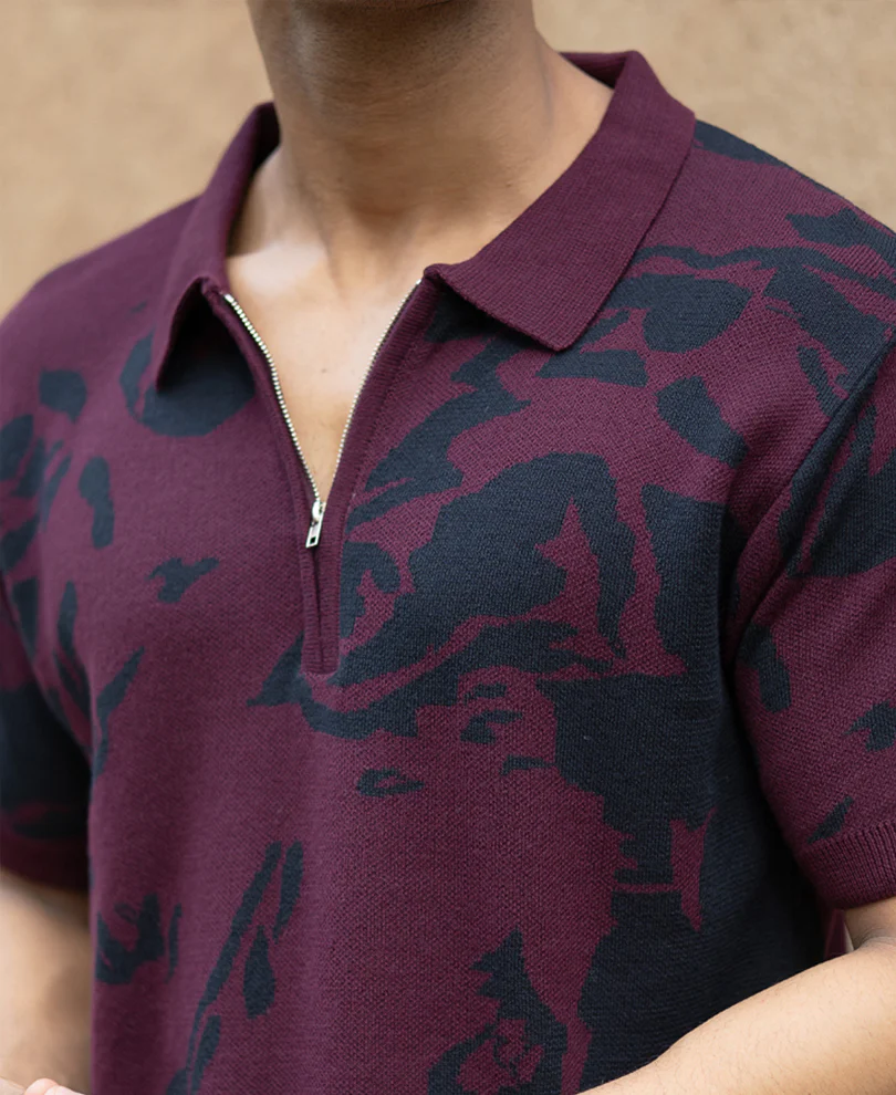 Wine Abstract Knit Polo T-Shirt - Image 4
