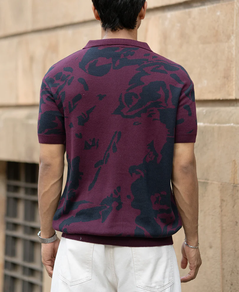 Wine Abstract Knit Polo T-Shirt - Image 5