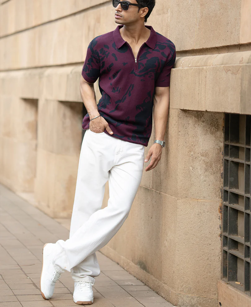 Wine Abstract Knit Polo T-Shirt - Image 6