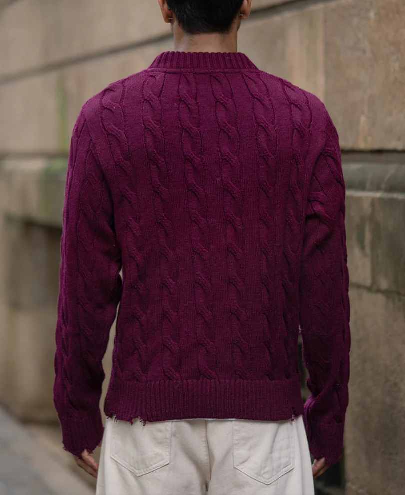 Wine Distressed Cable Knit Sweater - Image 6