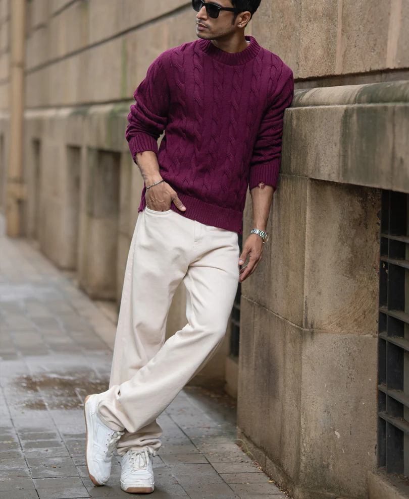 Wine Distressed Cable Knit Sweater - Image 7