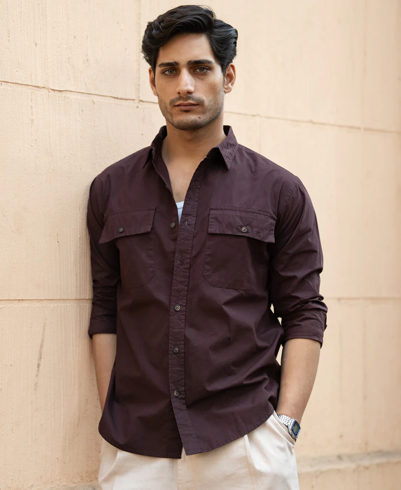 Wine Double Pocket Lightweight Shirt