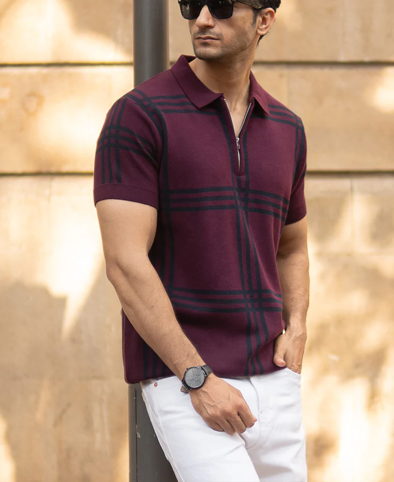 Wine Knitted Checks T-Shirt - Image 2