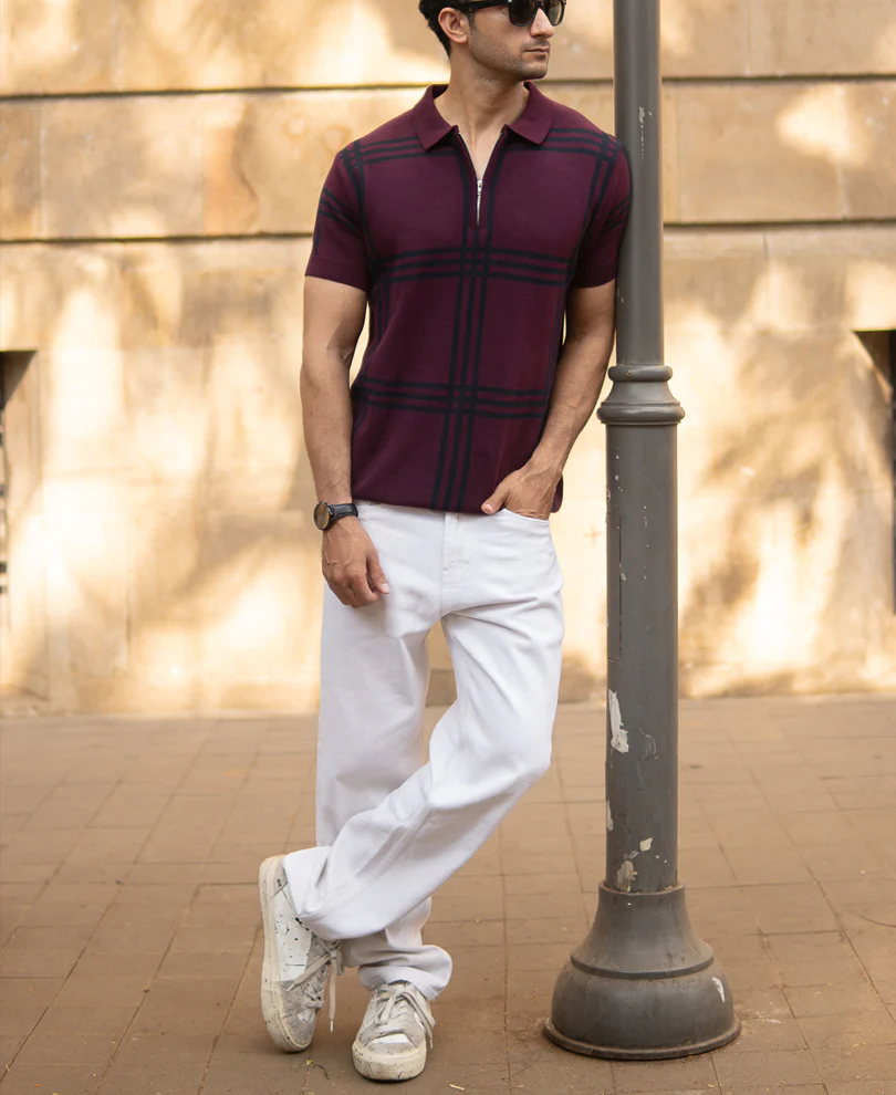 Wine Knitted Checks T-Shirt - Image 6