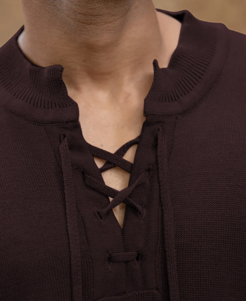 Wine Knitted Henley T-Shirt - Image 3