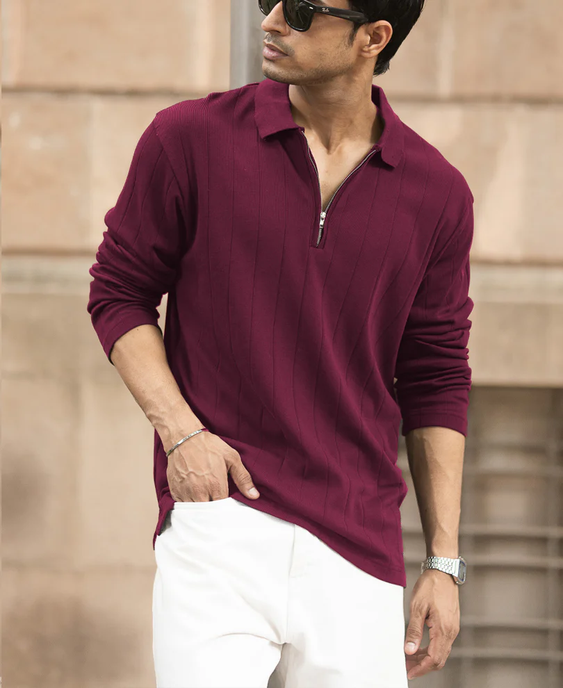 Wine Knitted Zipper Polo T-Shirt - Image 2