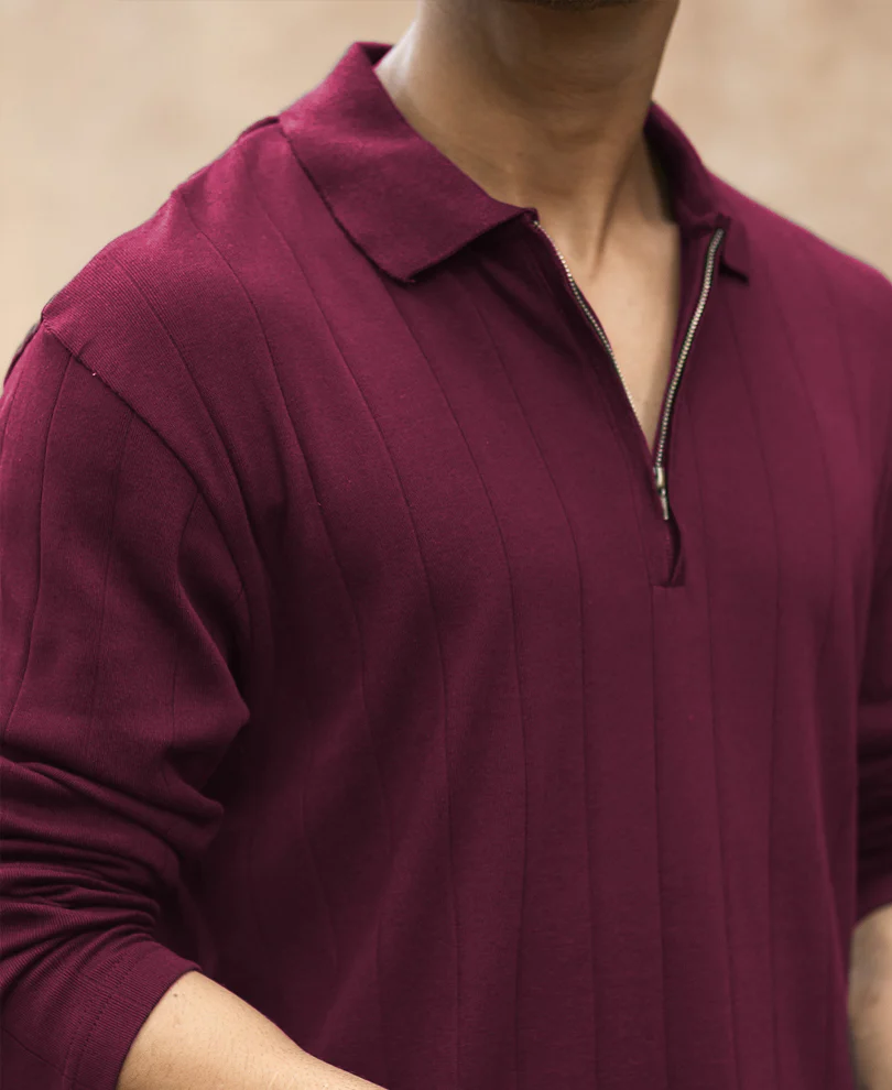 Wine Knitted Zipper Polo T-Shirt - Image 4