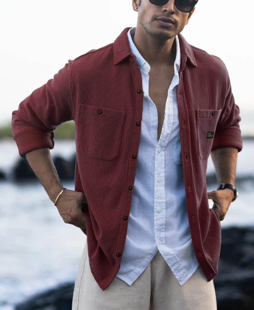 Wine Structured Knit Shirt With Pockets - Image 2
