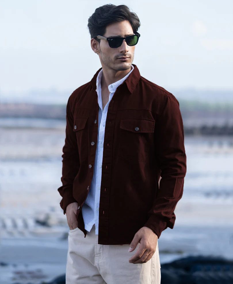 Wine Structured Overshirt With Pockets - Image 2