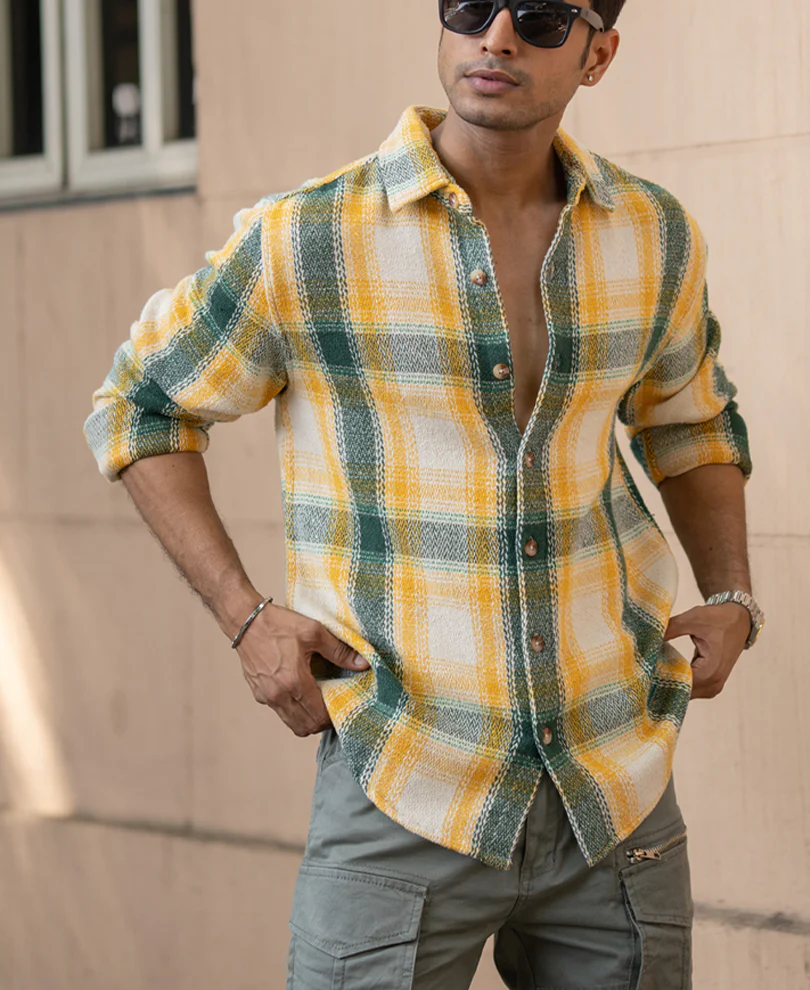 Yellow And Green Structured Checks Shirt