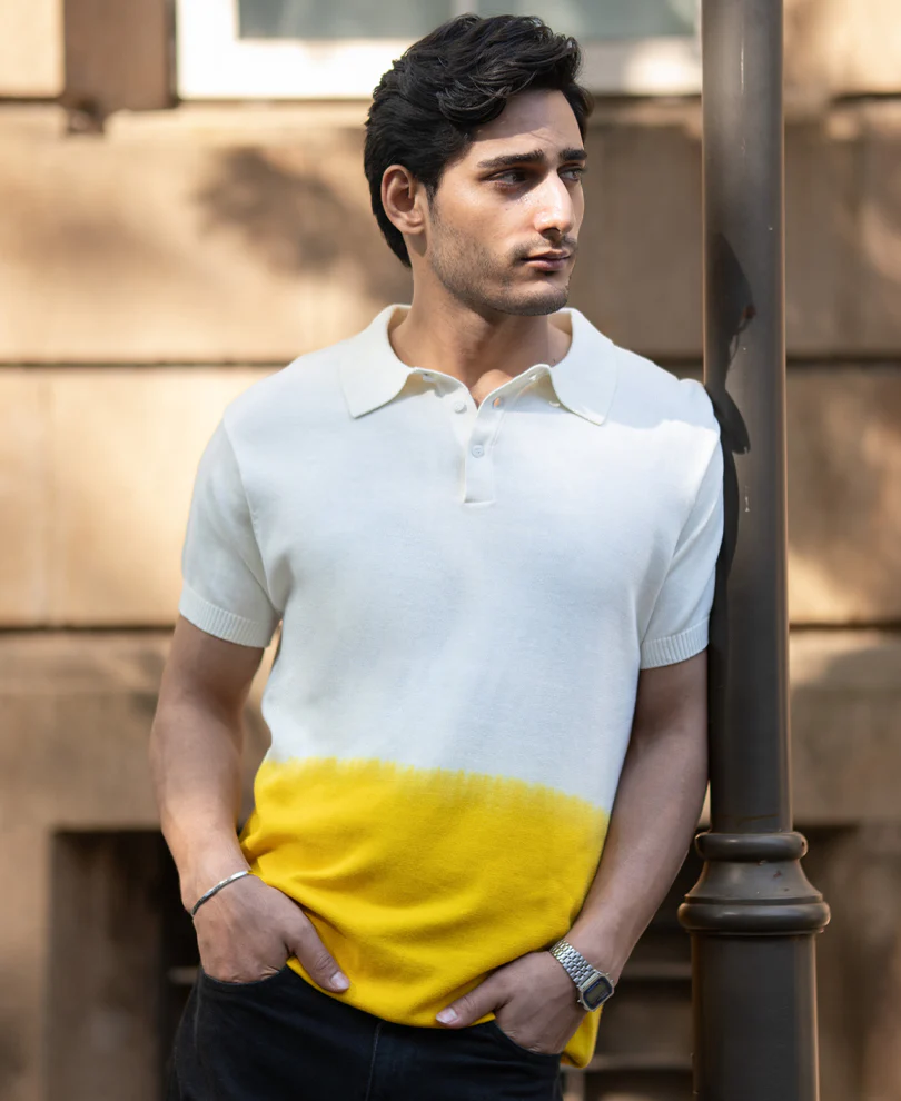 Yellow Ombre Knit Polo T-Shirt - Image 2