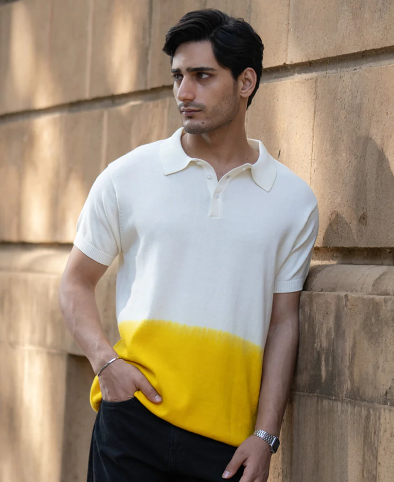 Yellow Ombre Knit Polo T-Shirt - Image 3